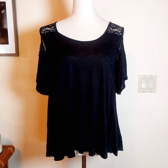XHILARATION SIZE M BLACK LACE TRIM COLD SHOULDER TOP - Picture 1 of 10